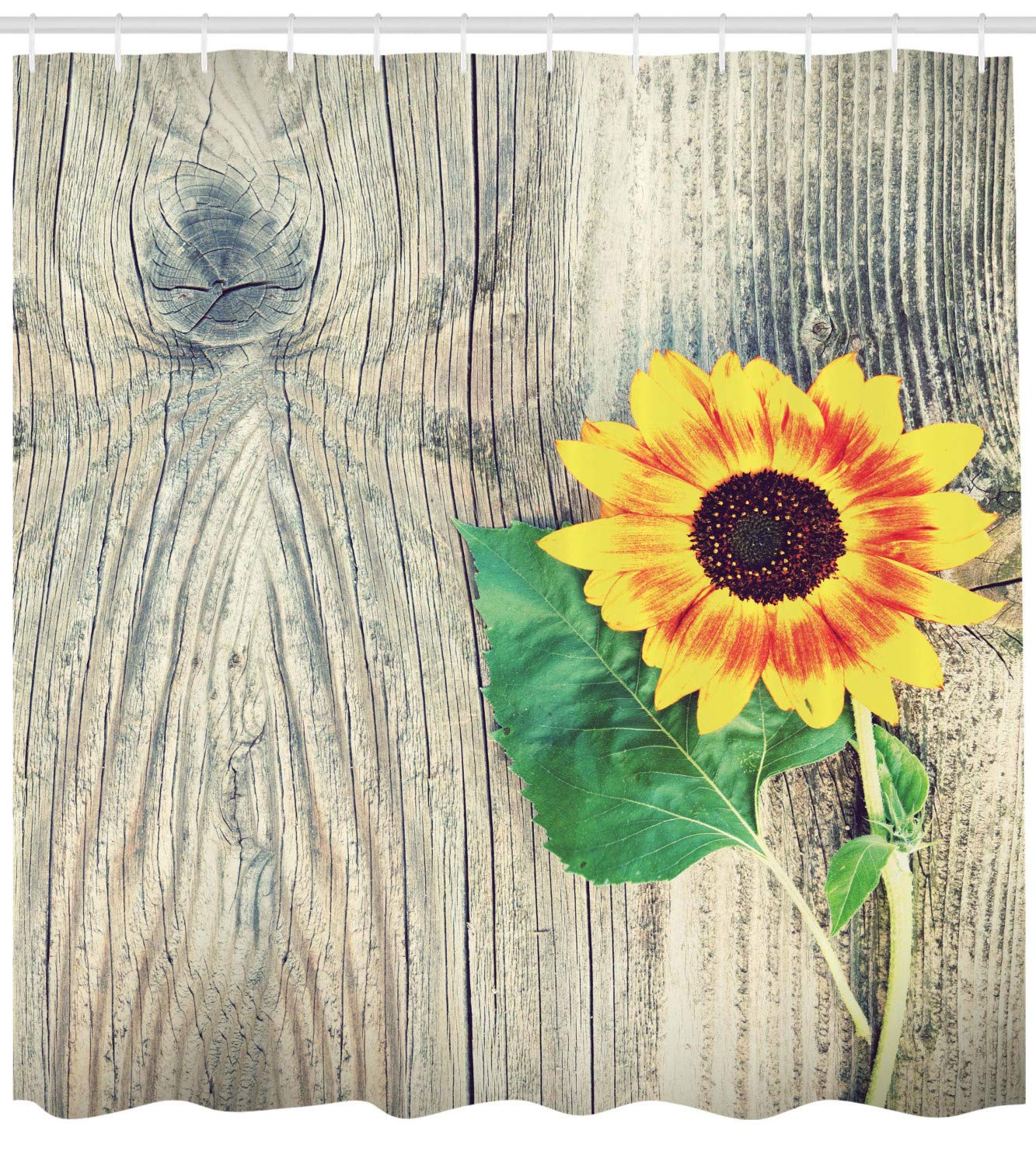 Ambesonne Sunflower Shower Curtain, Sunflower On Wooden Old Board Bouquet Floral Mother Earth Photo, Cloth Fabric Bathroom Decor